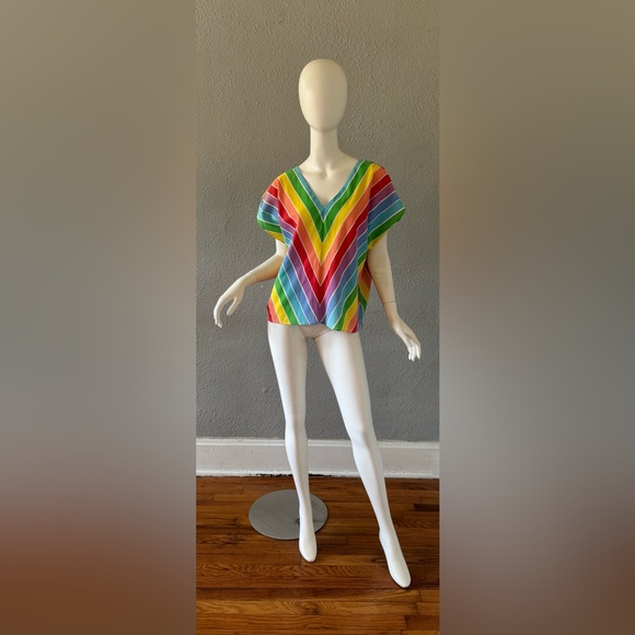 Vintage 70s 80s Rainbow Chevron Striped Top Blouse - Picture 2 of 13